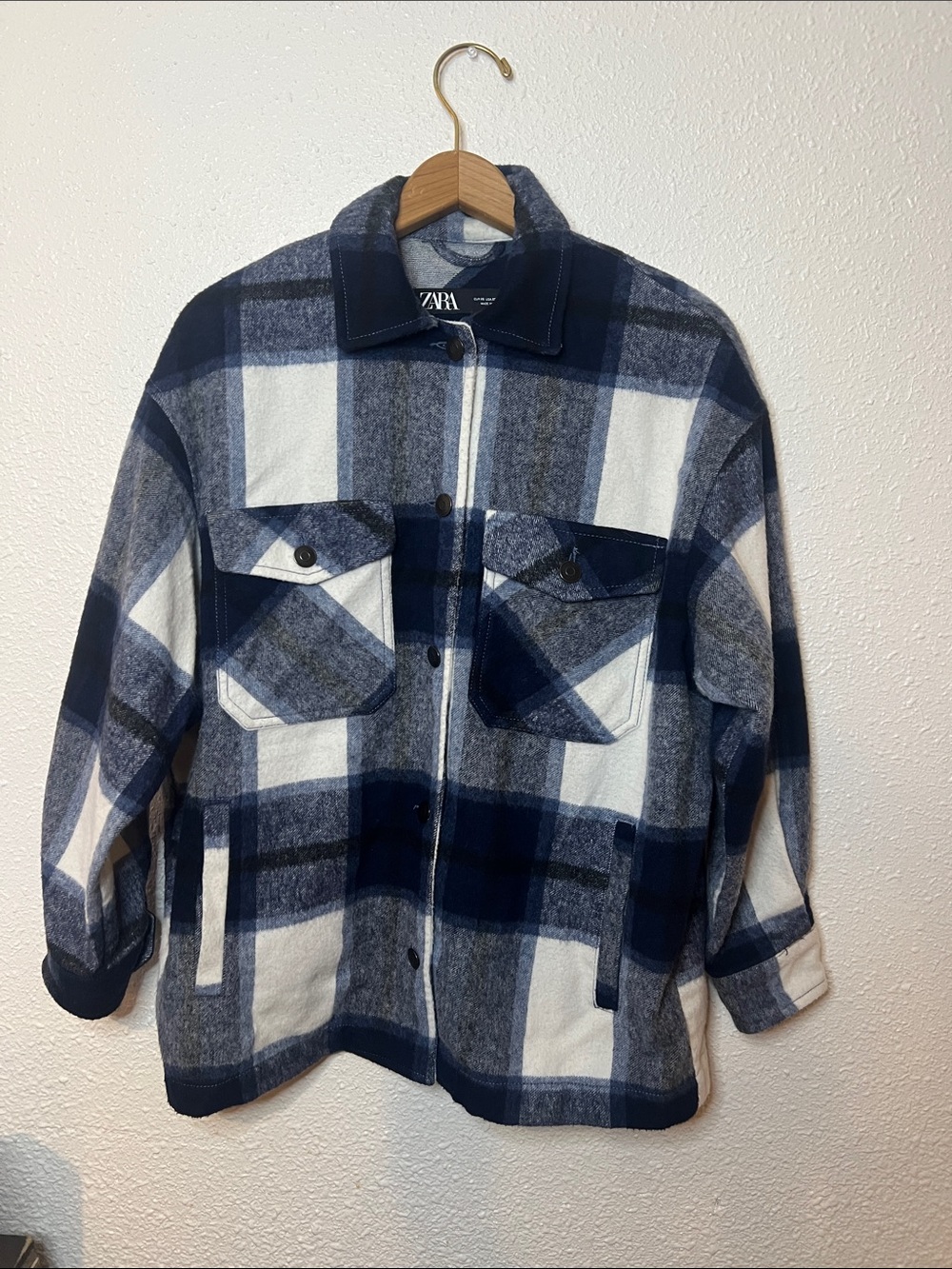 Zara Navy, White & Blue Plaid Shirt Jacket